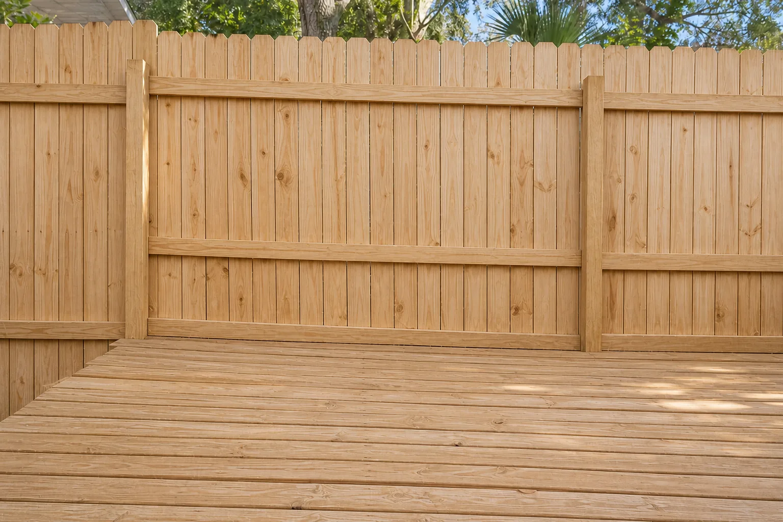 After deck and fence washing in Jacksonville showing cleaned wood tone