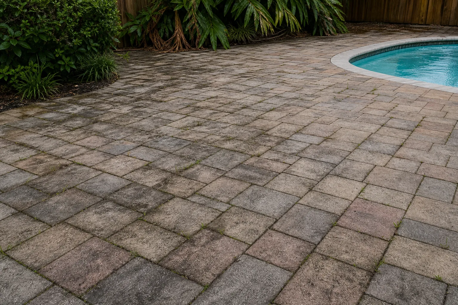 Before paver cleaning in Jacksonville with dark algae and weed-filled joints